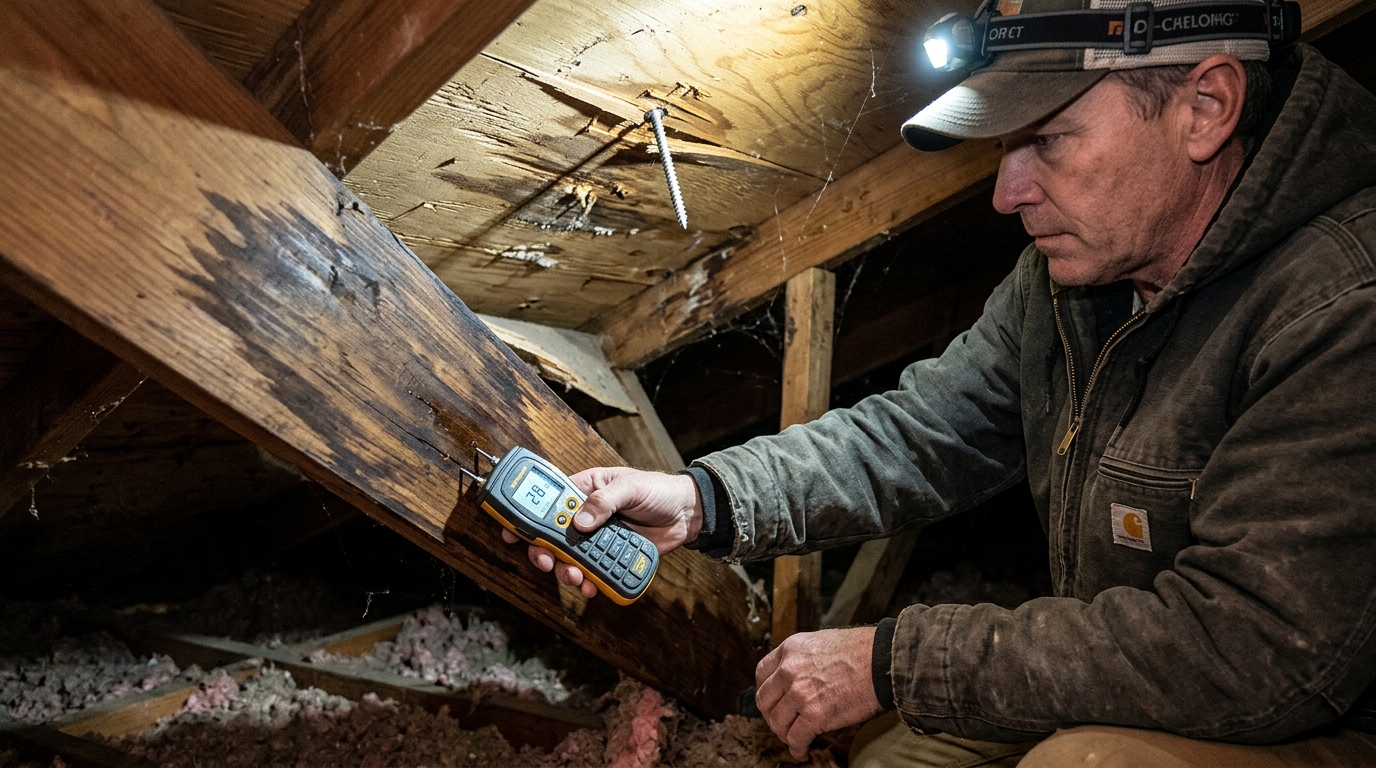 Licensed roofing inspector using digital moisture meter in attic to document water damage from solar panel lag screw penetration