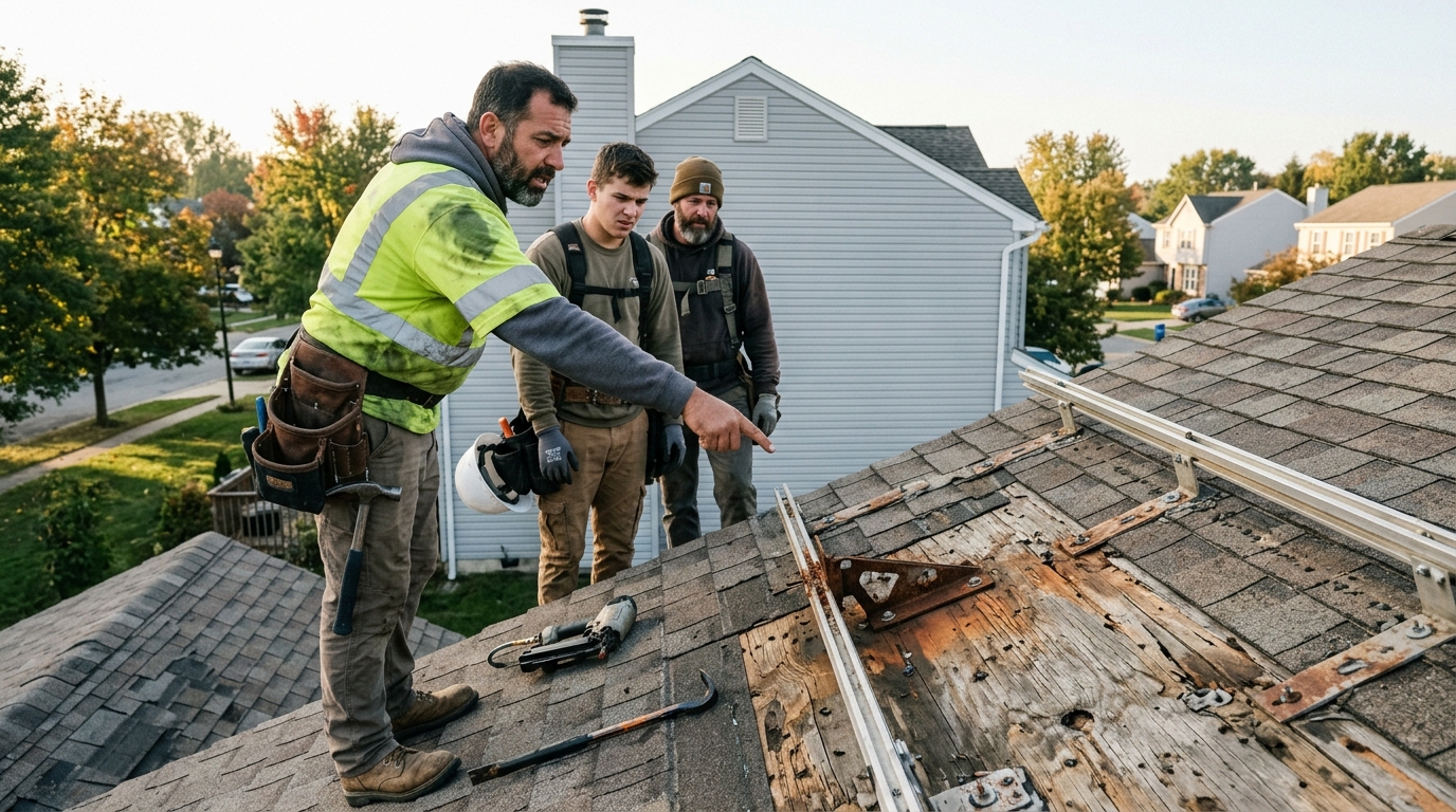 Documentary photograph of residential roofing crew inspecting rusted solar racking mounts stuck in worn wood decking