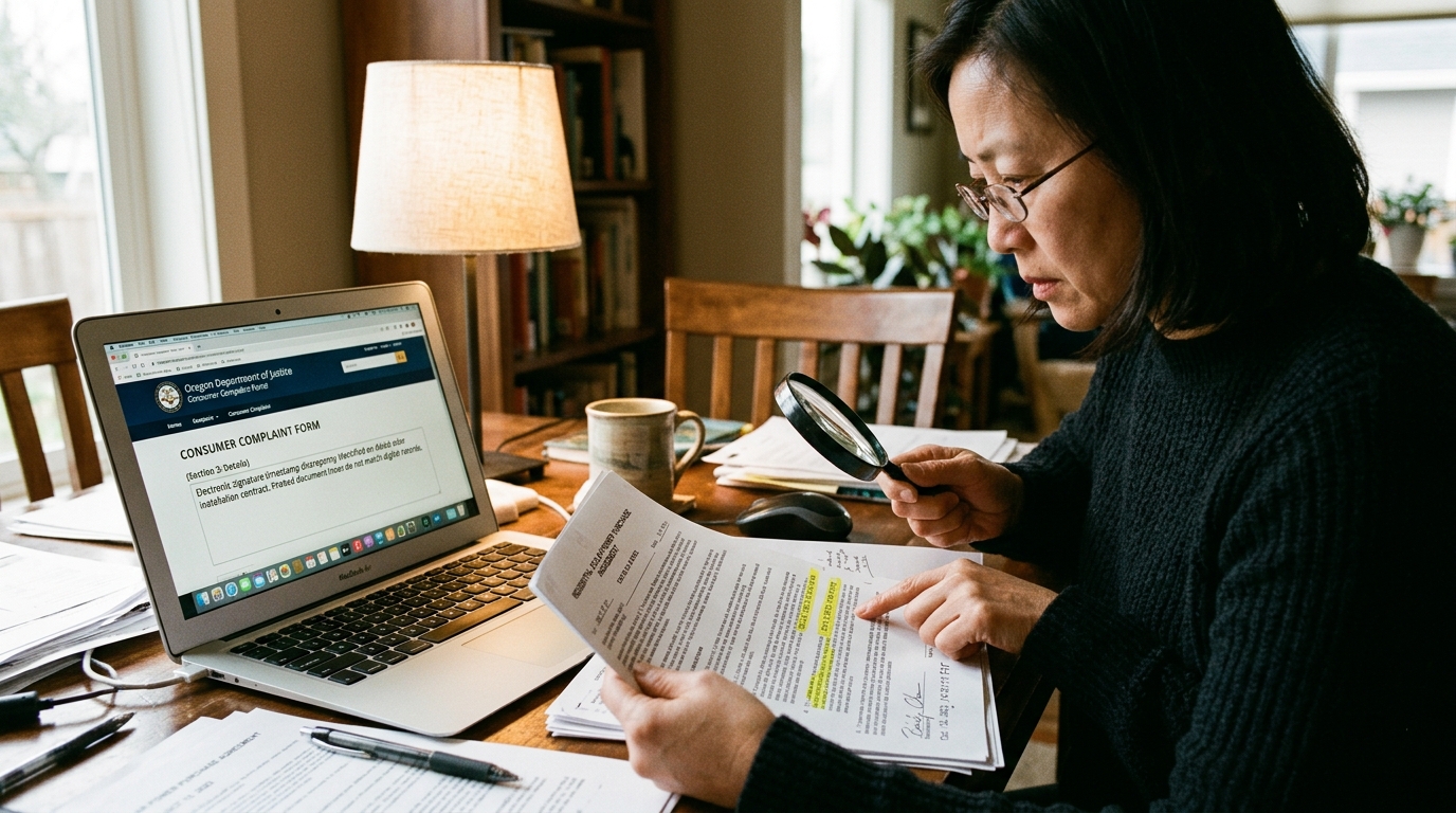Homeowner examining electronic signature timestamp discrepancies on printed solar contract next to laptop