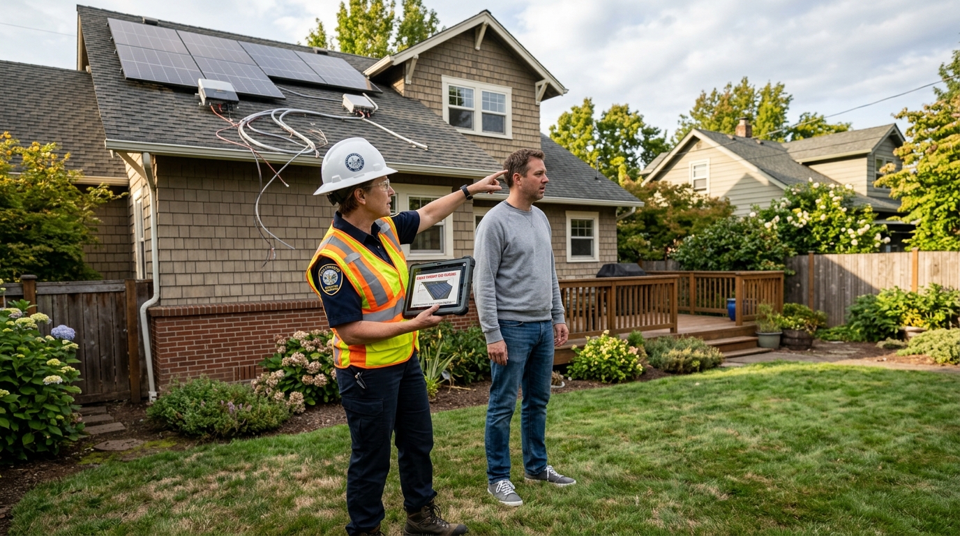 Municipal building inspector in high-visibility vest pointing out unpermitted solar rooftop wiring to homeowner in suburban backyard