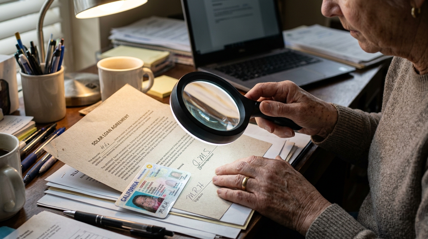 Homeowner examining forged signature and initials on solar loan agreement with magnifying glass beside California driver license