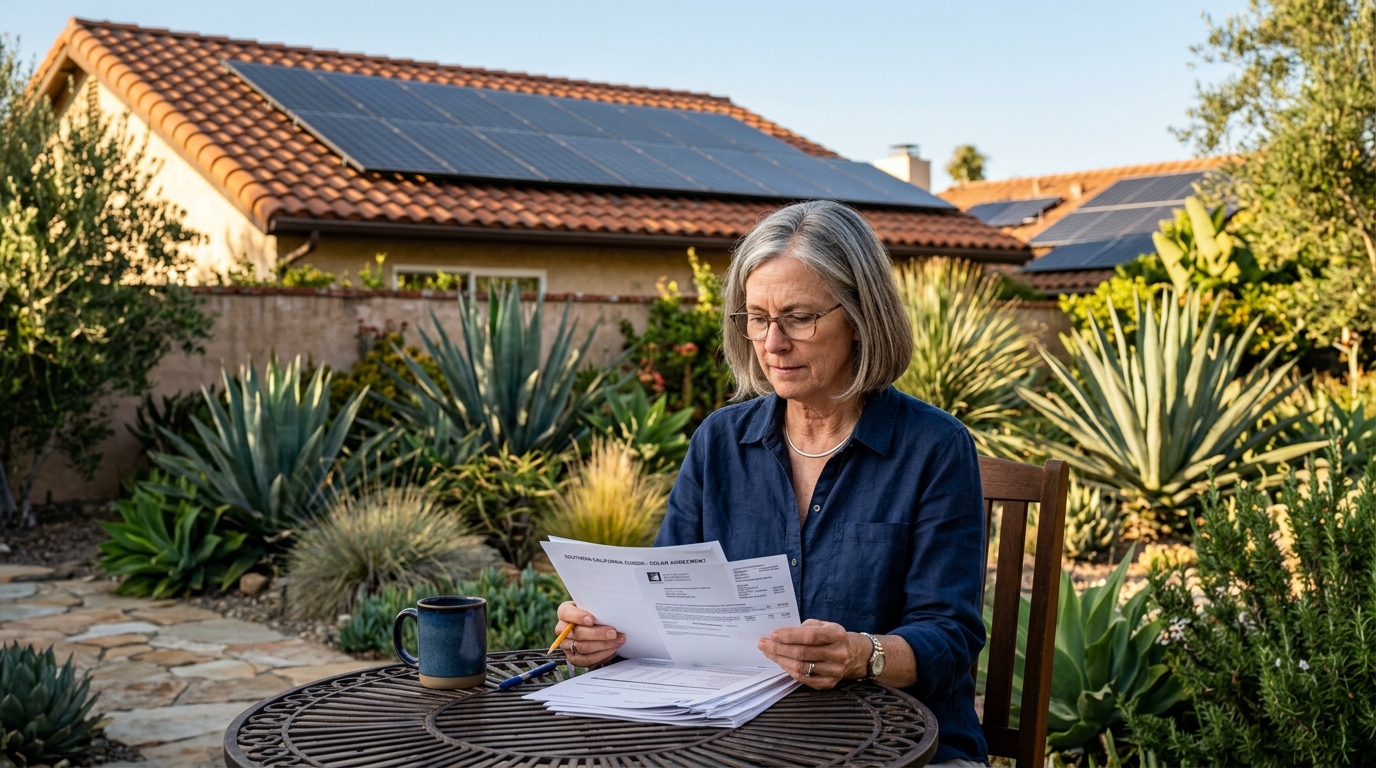 California homeowner reviewing solar loan documents on outdoor patio with rooftop solar panels in soft evening sun