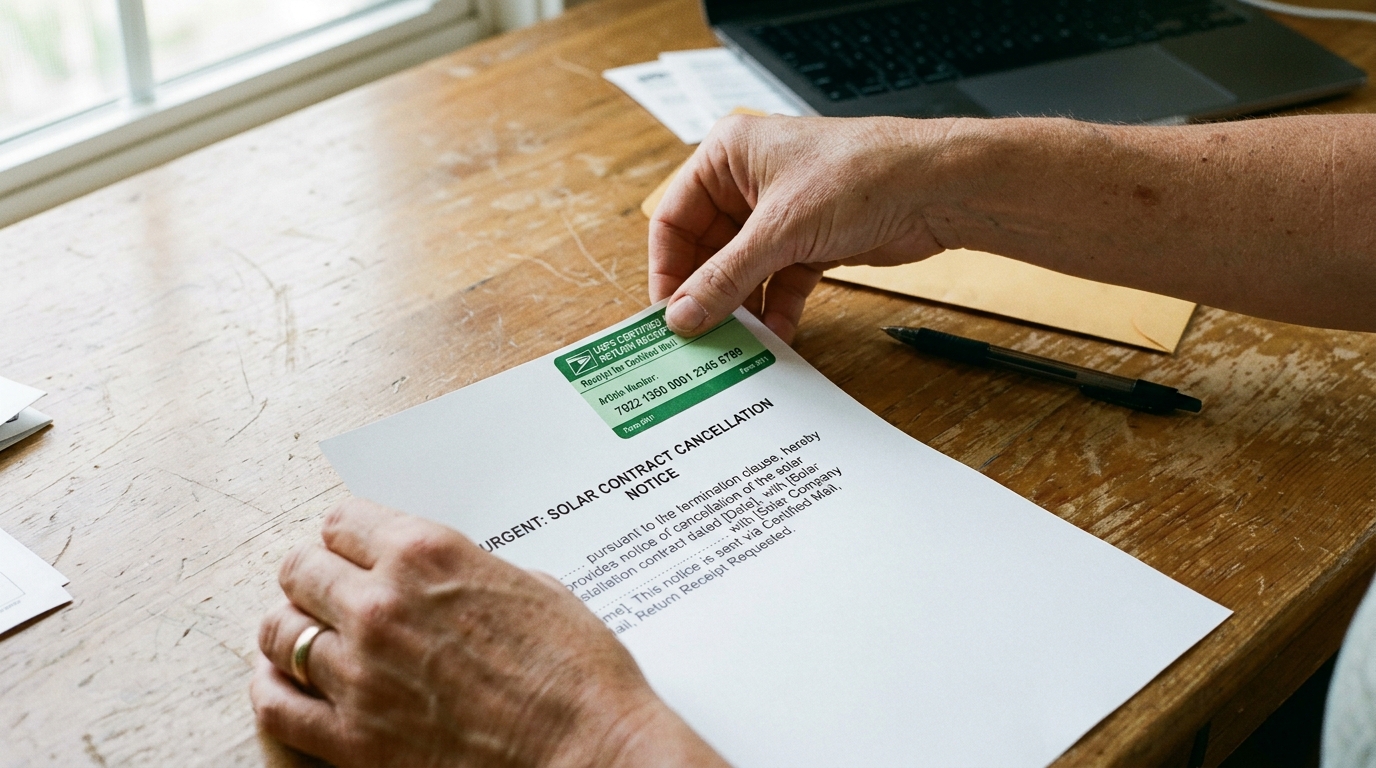 Homeowner affixing green USPS Certified Mail return receipt sticker onto legal solar contract cancellation notice