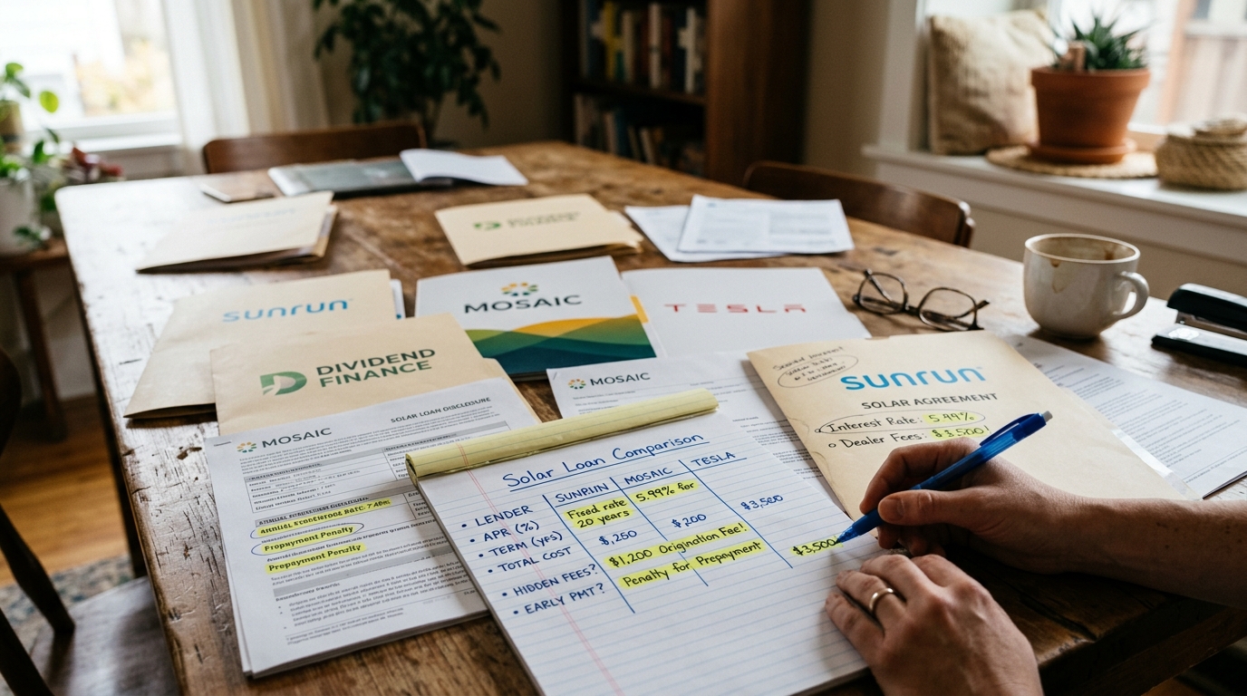 Multiple solar lender contract disclosure folders arranged across dining table with handwritten comparison notes
