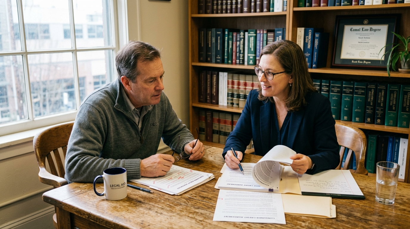 Consumer protection attorney reviewing contract documents across wooden conference table with client