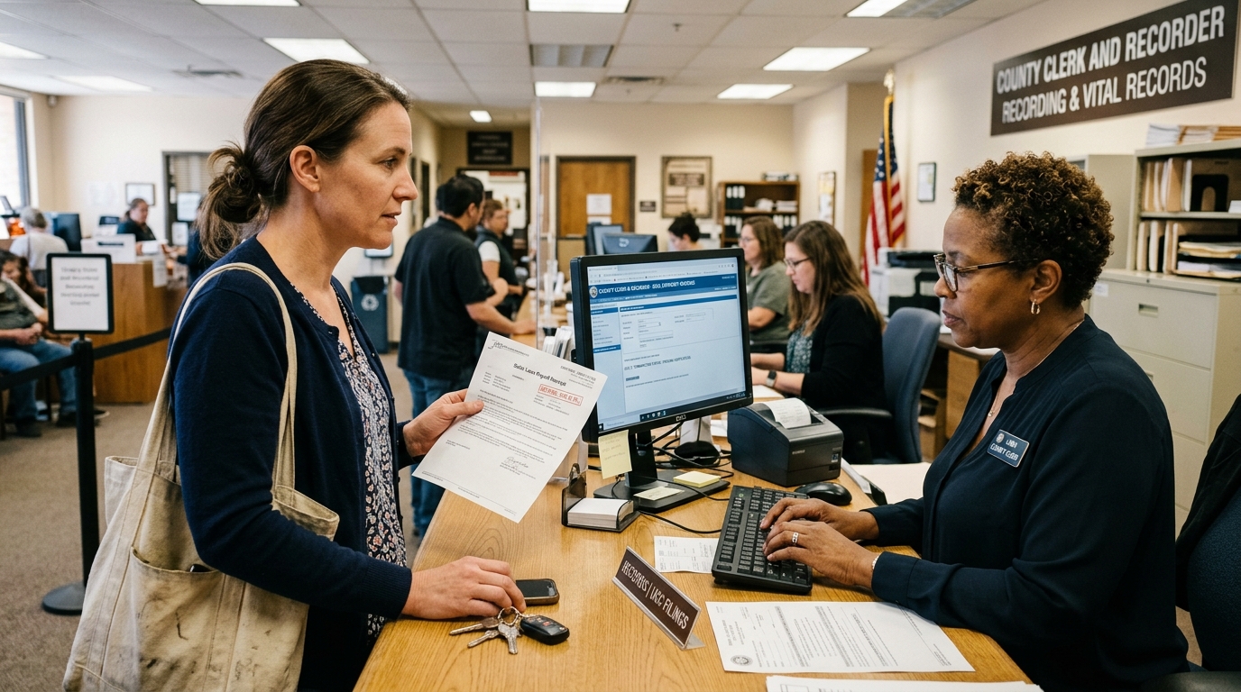 Homeowner at county clerk and recorder office counter presenting certified loan payoff receipt to verify UCC-3 termination statement