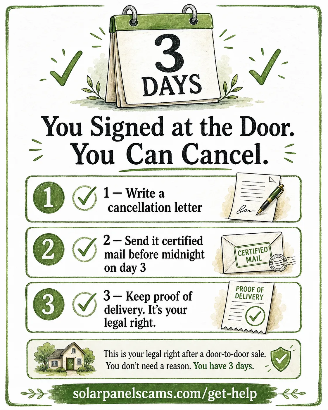 Three-day door-to-door solar cancellation checklist: write a cancellation letter, send by certified mail before midnight on day three, and keep proof of delivery