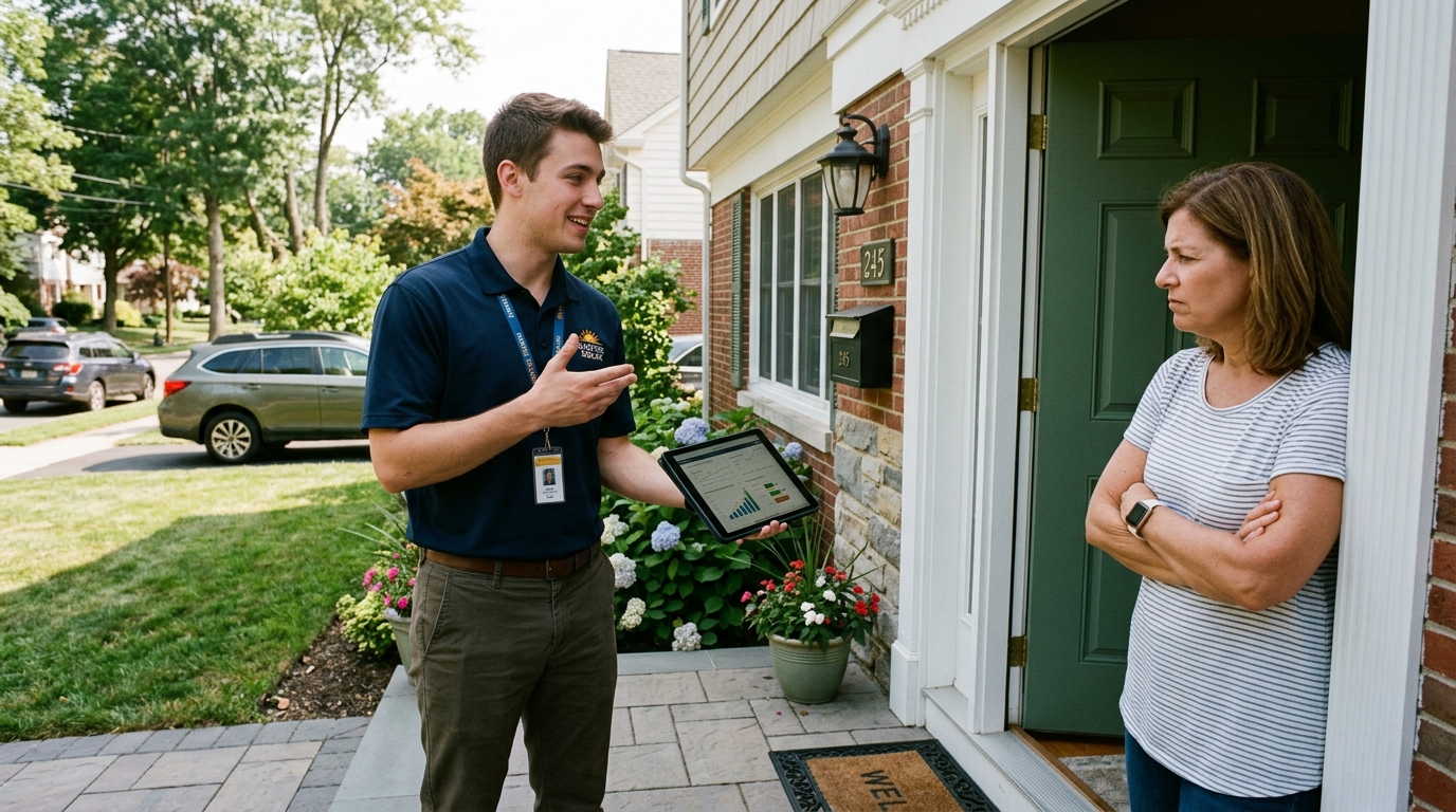 Door-to-door solar salesman pitching financing contract on tablet to skeptical homeowner at front door