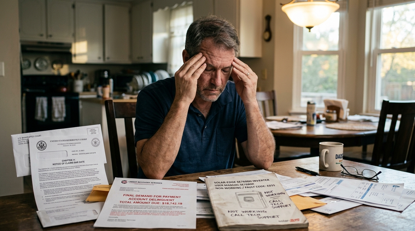 Homeowner reviewing conflicting bankruptcy notices and collection letters on dining table with broken solar inverter manual