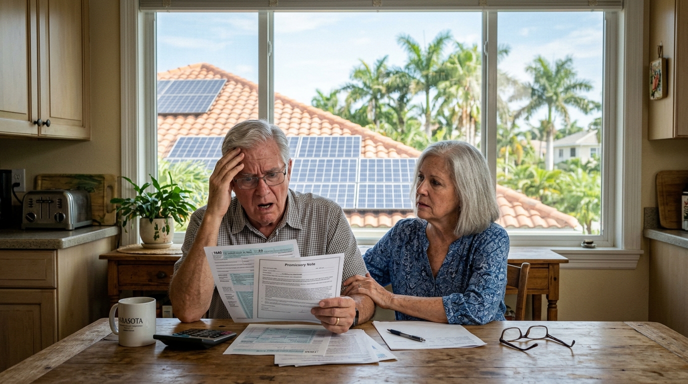 Retired Florida couple reviewing solar promissory note and IRS tax forms at sunlit kitchen table