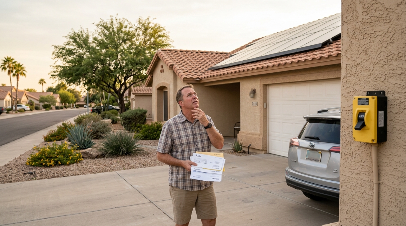 Homeowner in driveway examining rooftop solar panels and switched off electrical disconnect switch after contractor bankruptcy