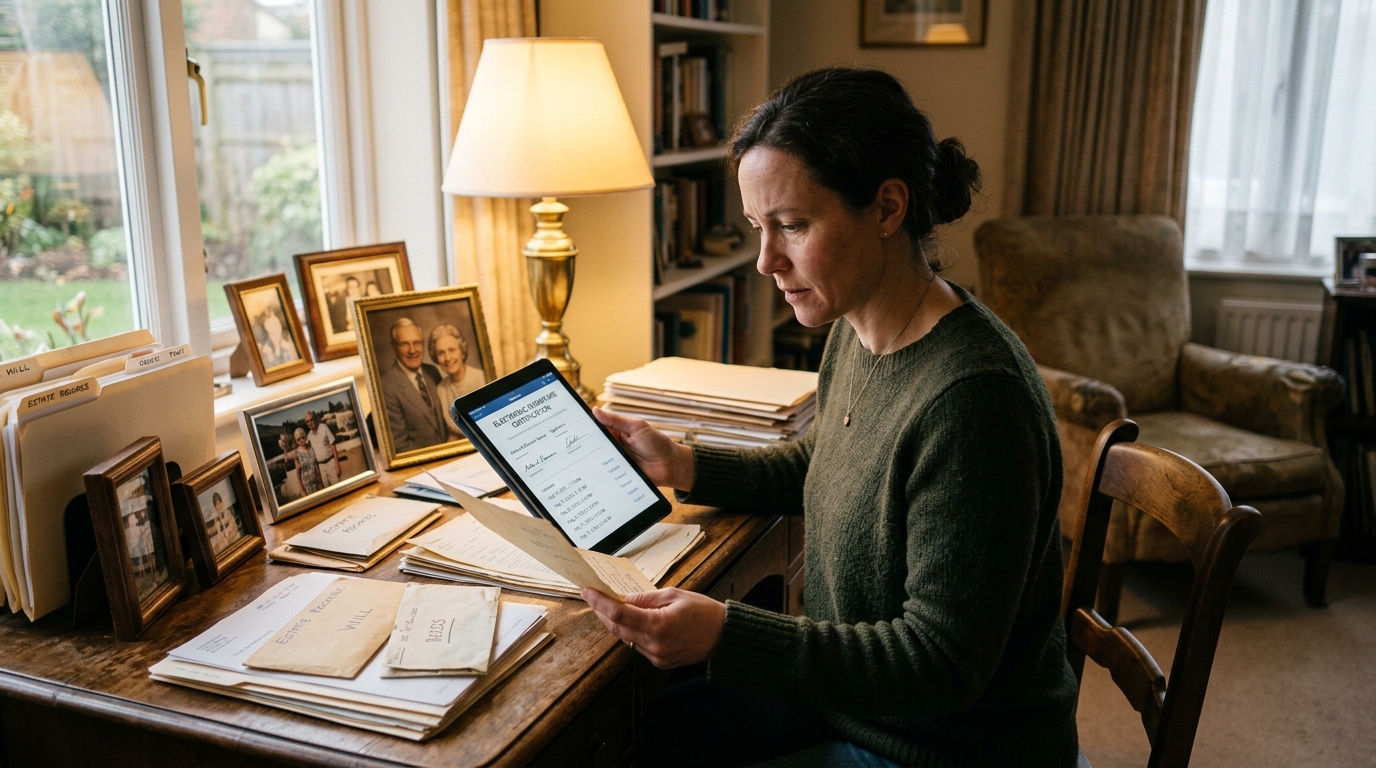 Heir reviewing late parent estate records and electronic signature document on tablet at desk