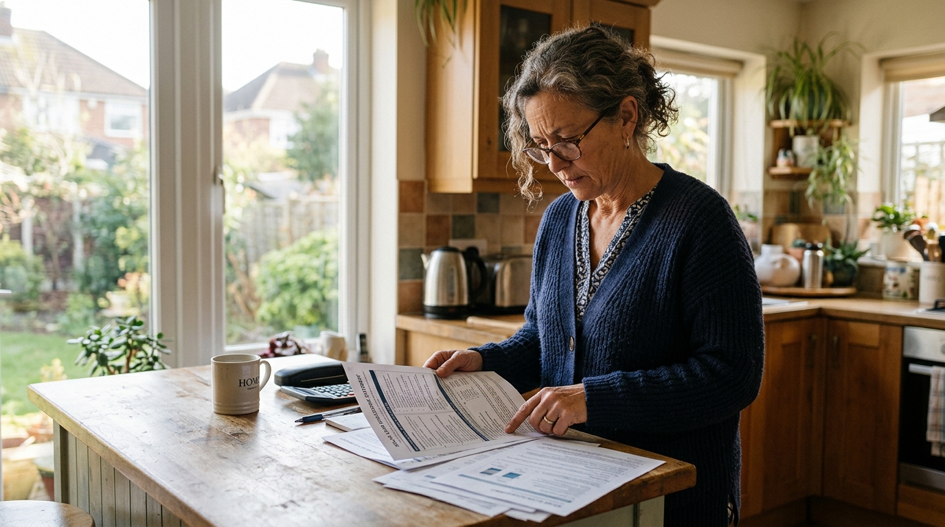 Homeowner reading multi-page solar loan disclosure statement by sunlit kitchen counter