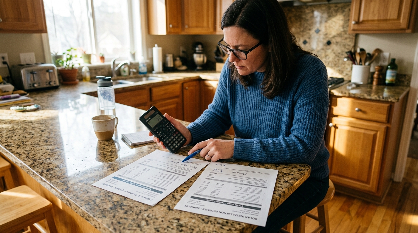 Homeowner sitting at kitchen island calculating price per watt markup from two competing solar contractor estimates