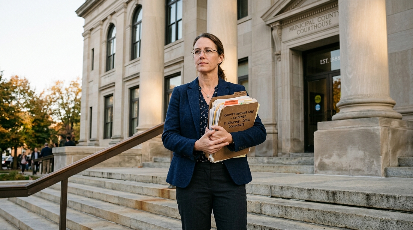 Homeowner holding legal evidence accordion folder standing on the stone steps of county courthouse