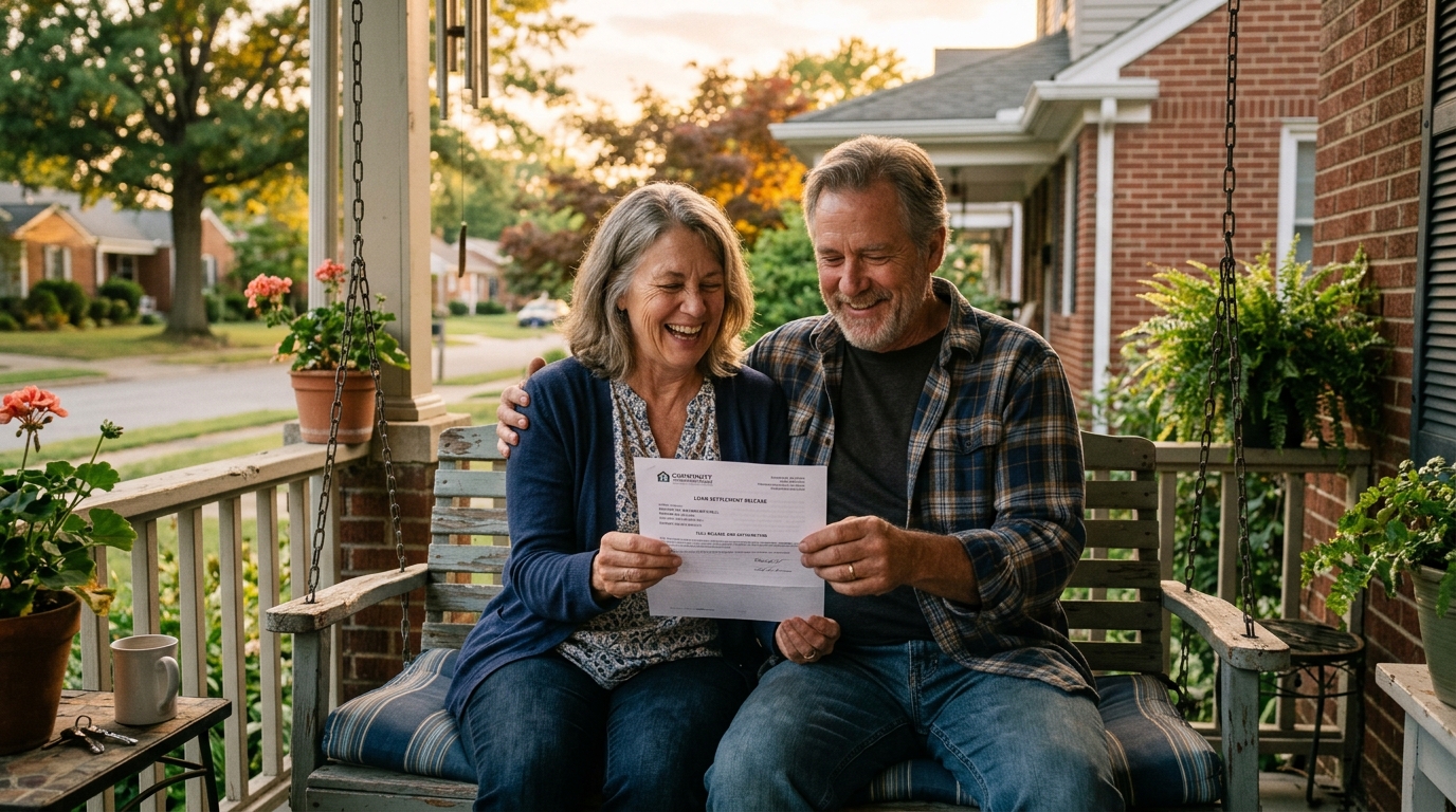 Candid documentary photograph of smiling homeowners on their front porch holding a signed solar loan settlement and lien release agreement