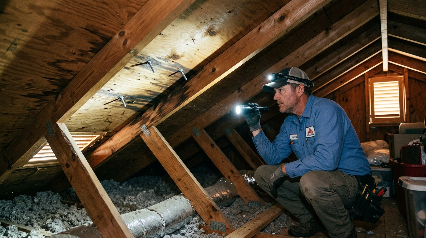 Home inspector shining flashlight onto solar lag bolts puncturing attic roof decking with water stains running down rafters in Houston home