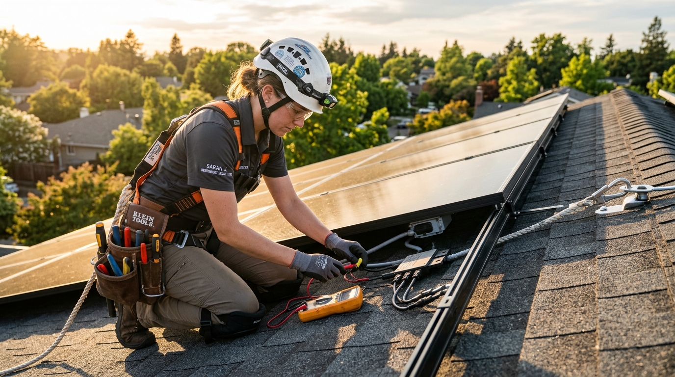 Certified independent solar technician inspecting microinverter on residential roof during golden hour
