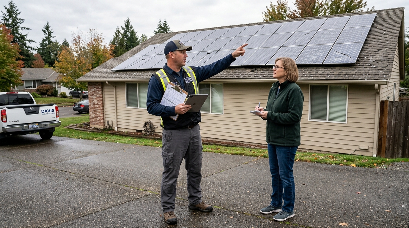 Independent insurance adjuster holding clipboard and tablet pointing up at storm-damaged roof with solar panels
