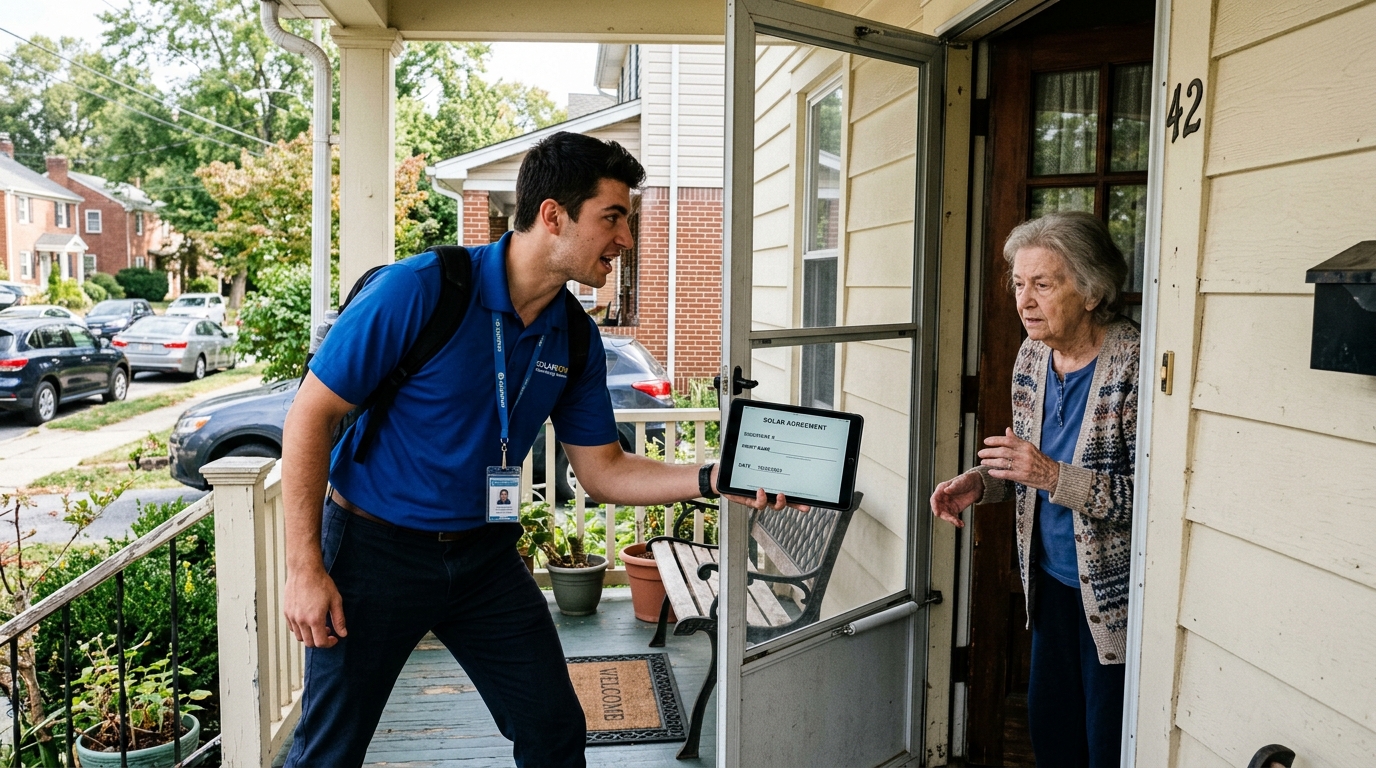 Aggressive door-to-door solar salesman holding iPad electronic signature screen toward homeowner on front porch