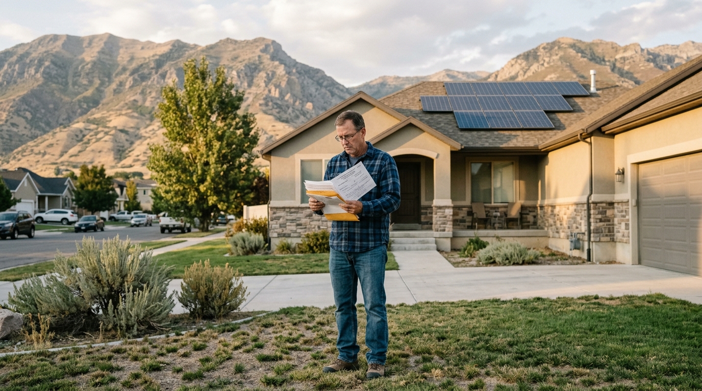 Homeowner standing in front yard with mountain backdrop reviewing Chapter 11 solar bankruptcy creditor paperwork