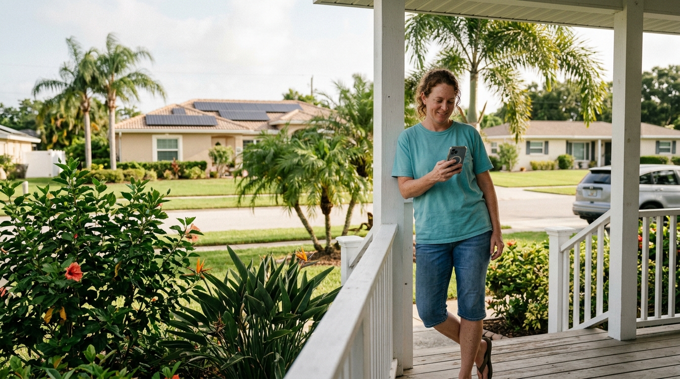 Florida homeowner on front porch checking smartphone monitoring app showing low solar energy production