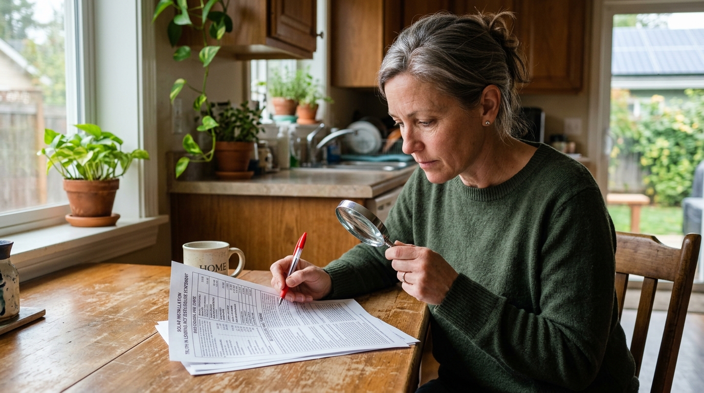 Documentary photograph of a homeowner examining Truth in Lending Act finance disclosures and dealer fee charges with a magnifying glass and red pen