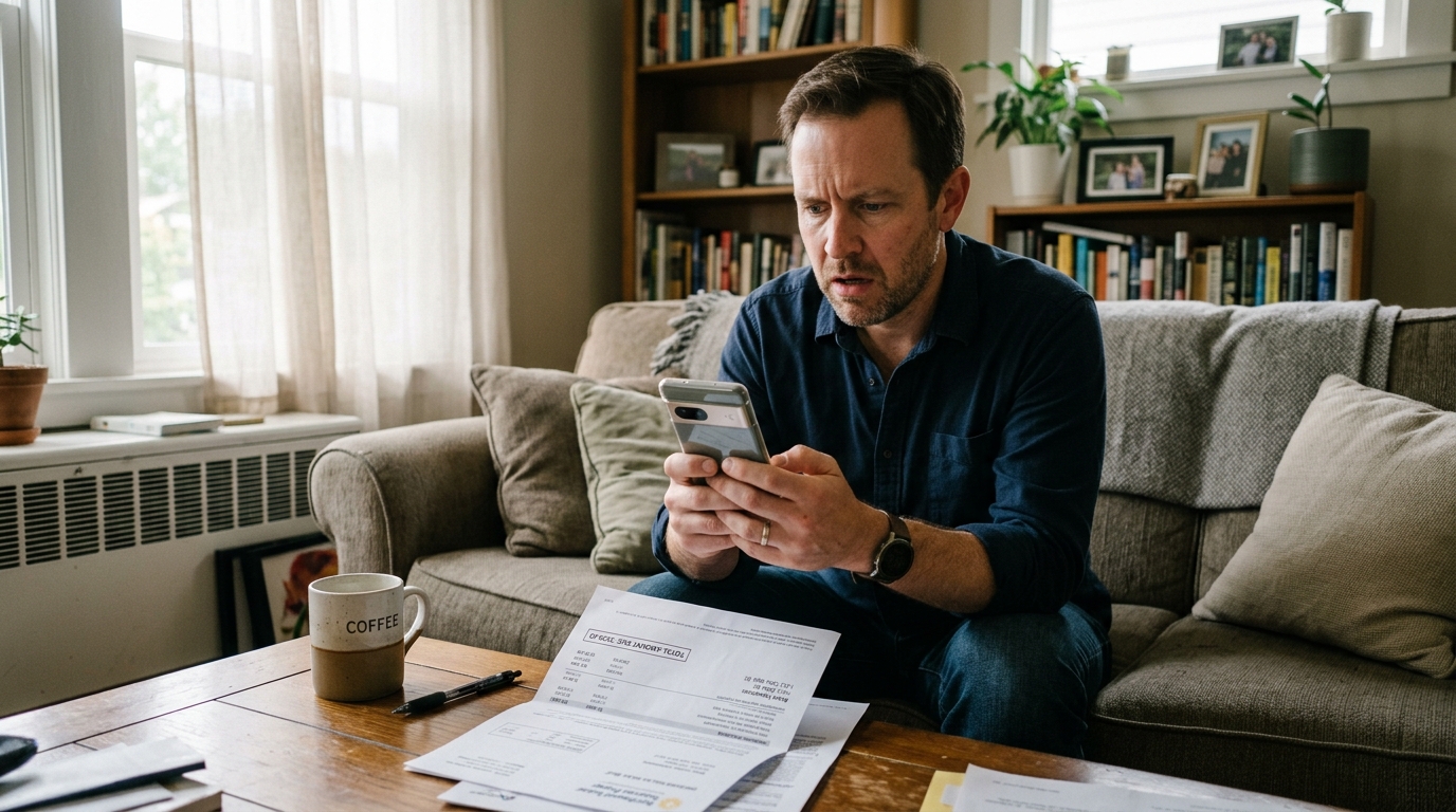 Homeowner sitting on sofa in shock looking at doubled solar loan monthly payment on smartphone banking app