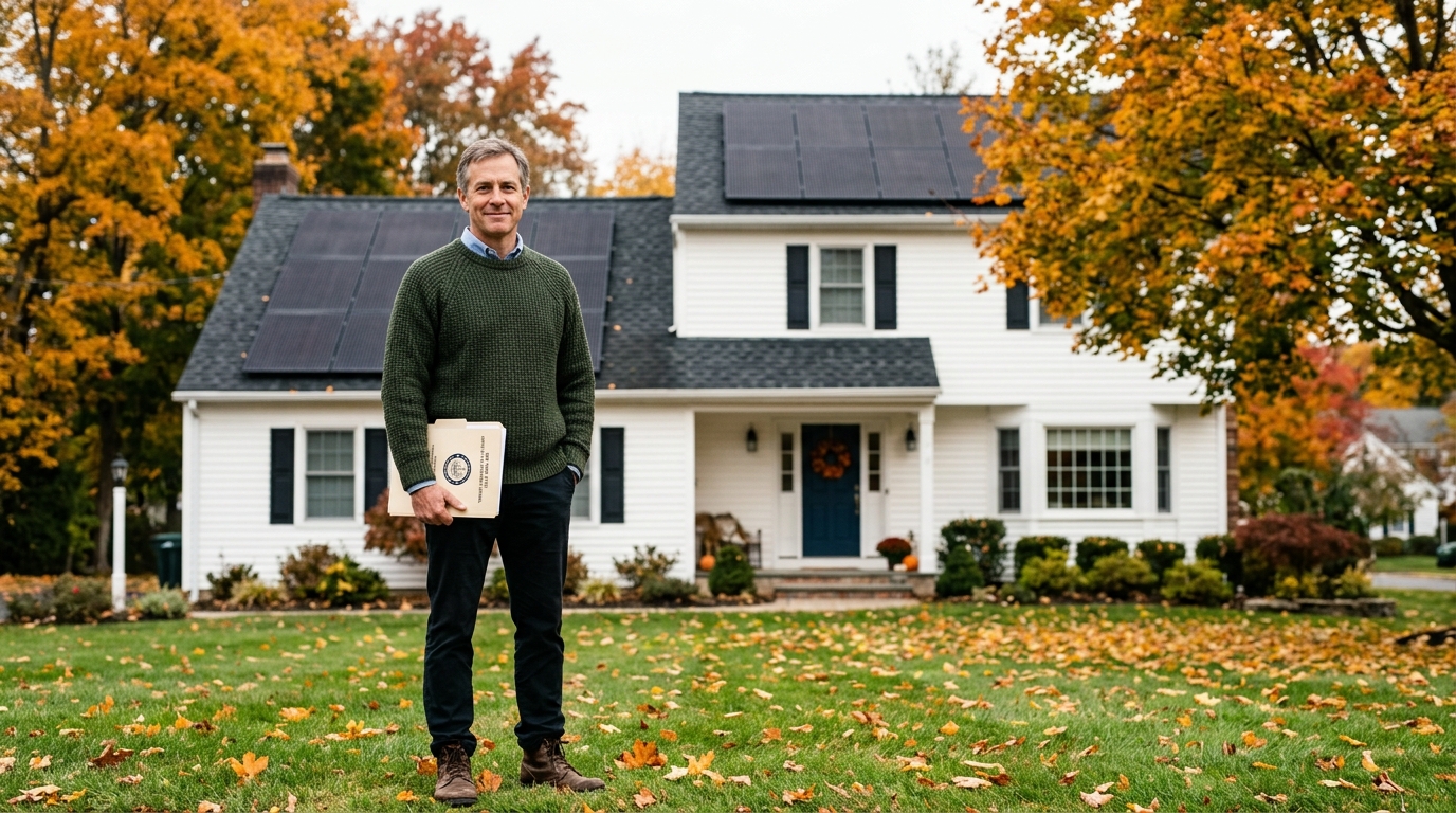 New York homeowner in front of suburban colonial solar home holding attorney general restitution case documents