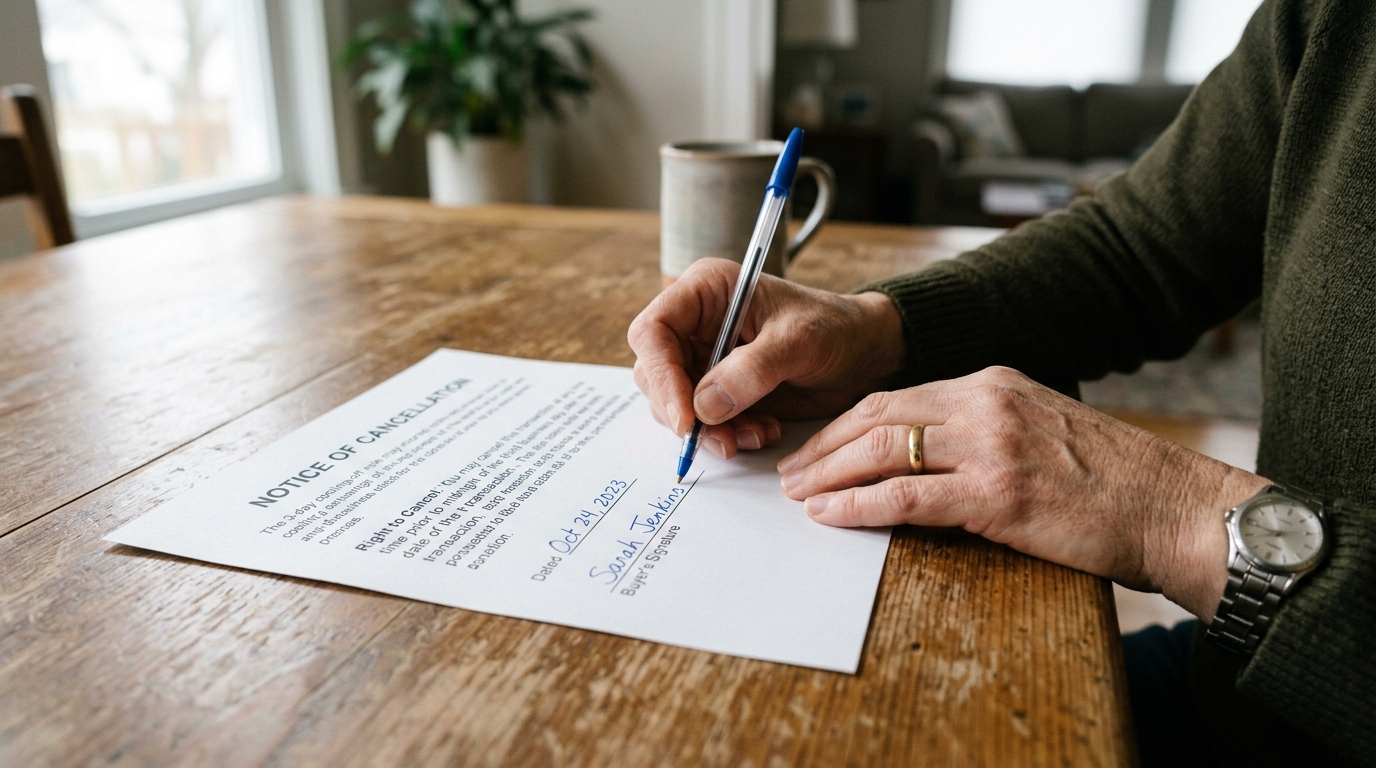 Close-up of homeowner signing formal Notice of Cancellation under FTC cooling-off rule