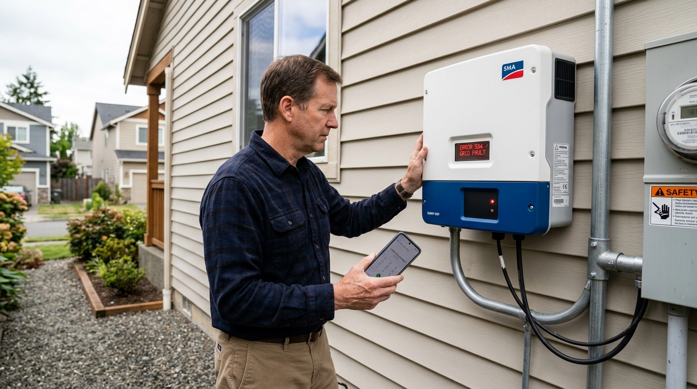 Exterior residential solar inverter showing red grid fault error code with homeowner inspecting non-functioning Pink Energy equipment