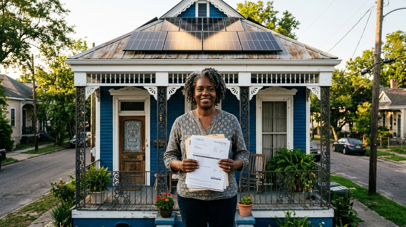 Homeowner standing on front porch holding solar lease billing statements with residential rooftop solar array