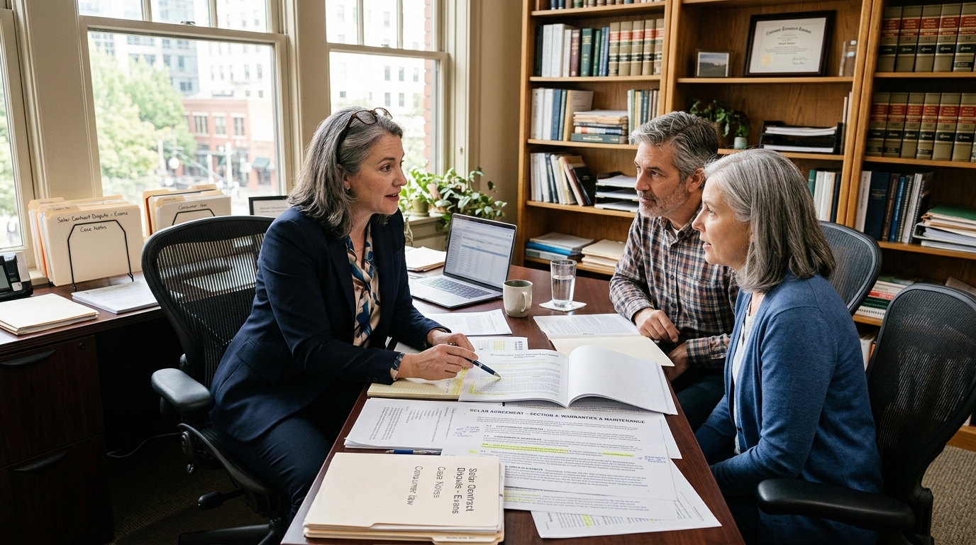 Editorial photograph of consumer protection attorney consulting with clients in a law office reviewing a disputed solar contract