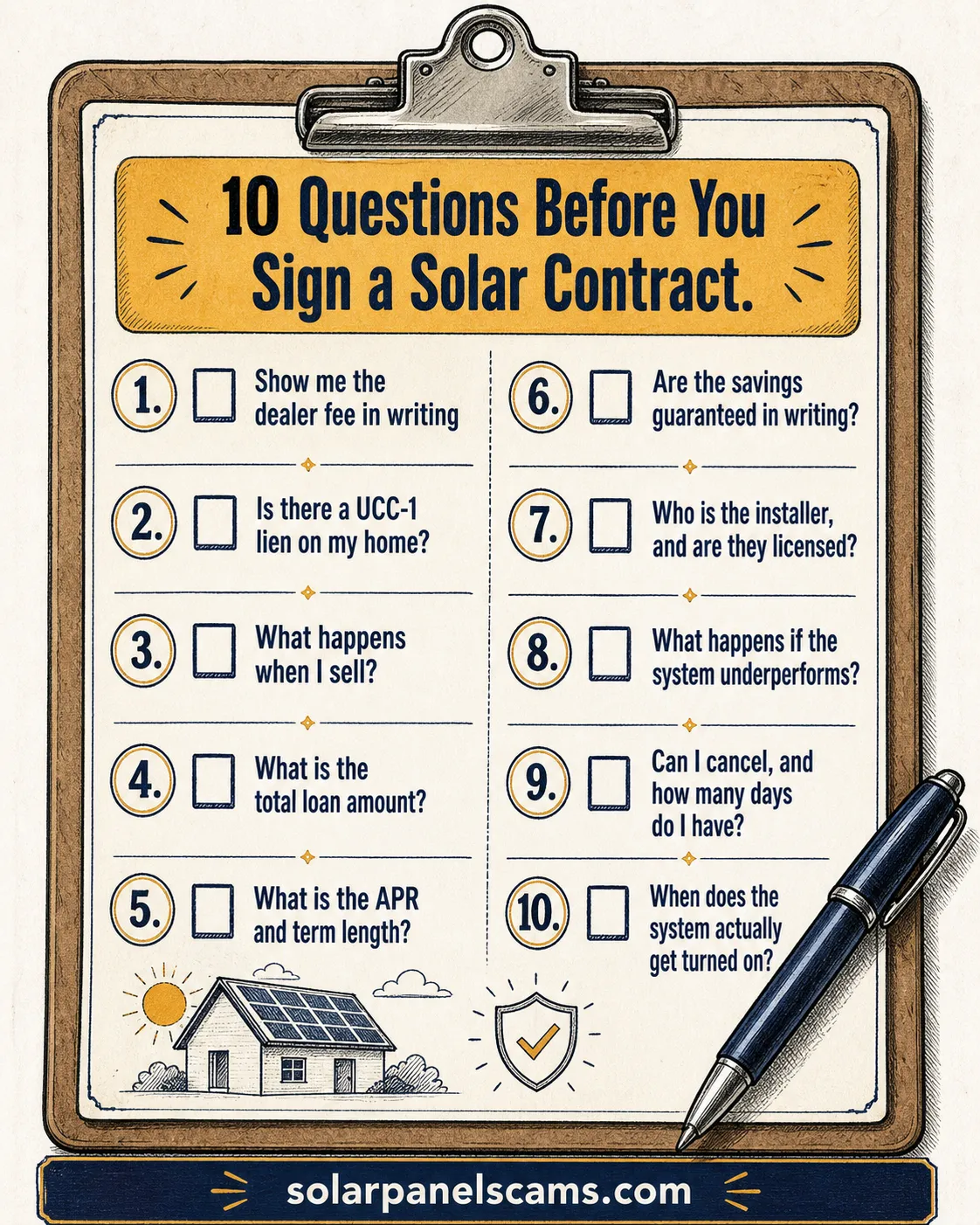 10 questions before signing a solar contract covering dealer fees, UCC liens, APR, installer licensing, cancellation rights, and system activation