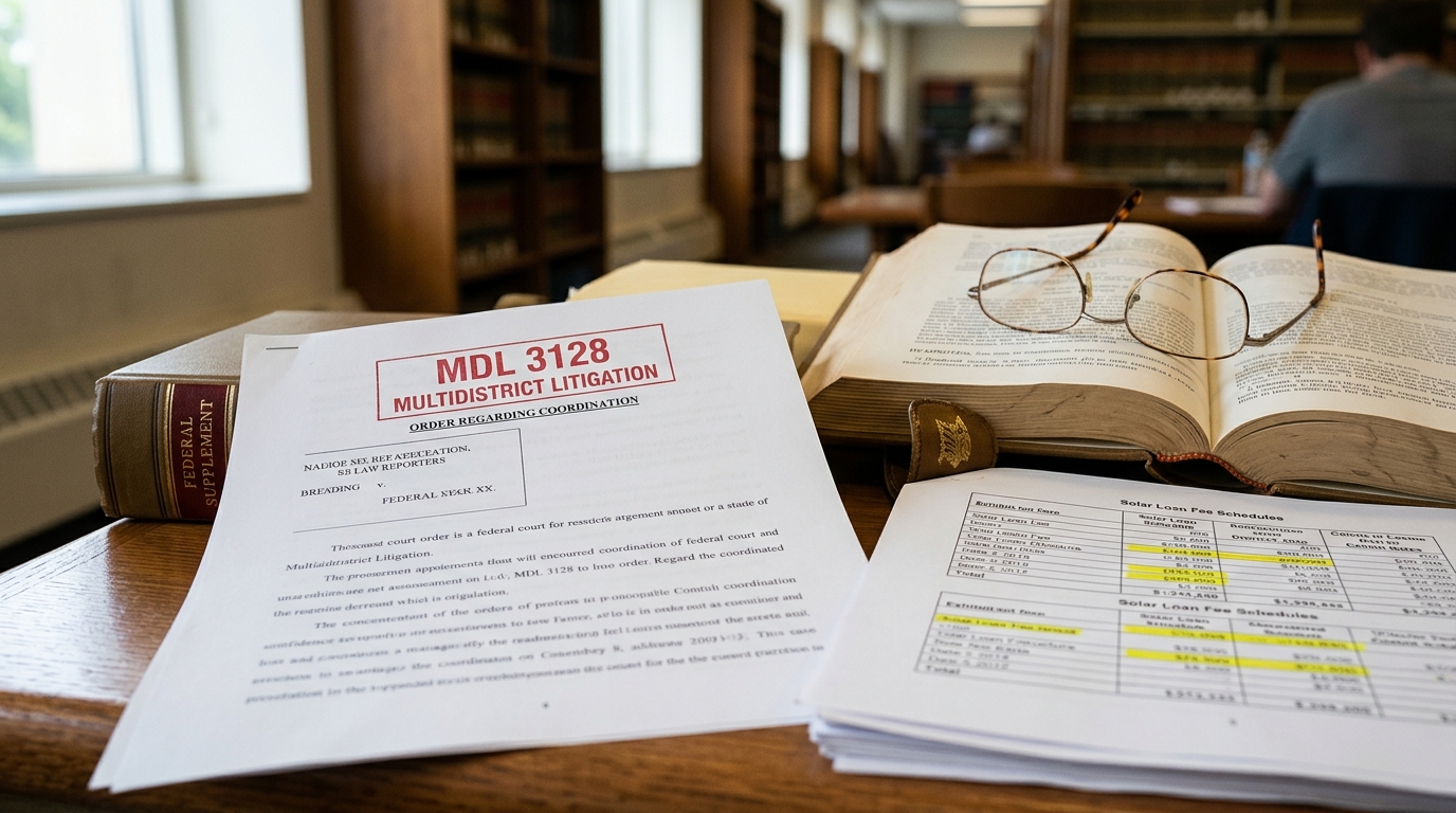 Documentary macro photograph of federal court Multidistrict Litigation order MDL 3128 regarding solar dealer fees beside law reporter volumes