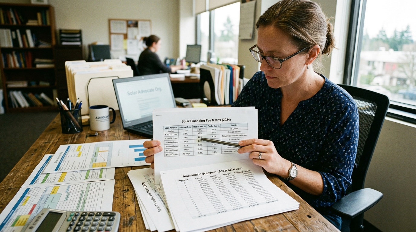Financial analyst reviewing printed solar financing dealer fee percentage matrix and amortization schedules
