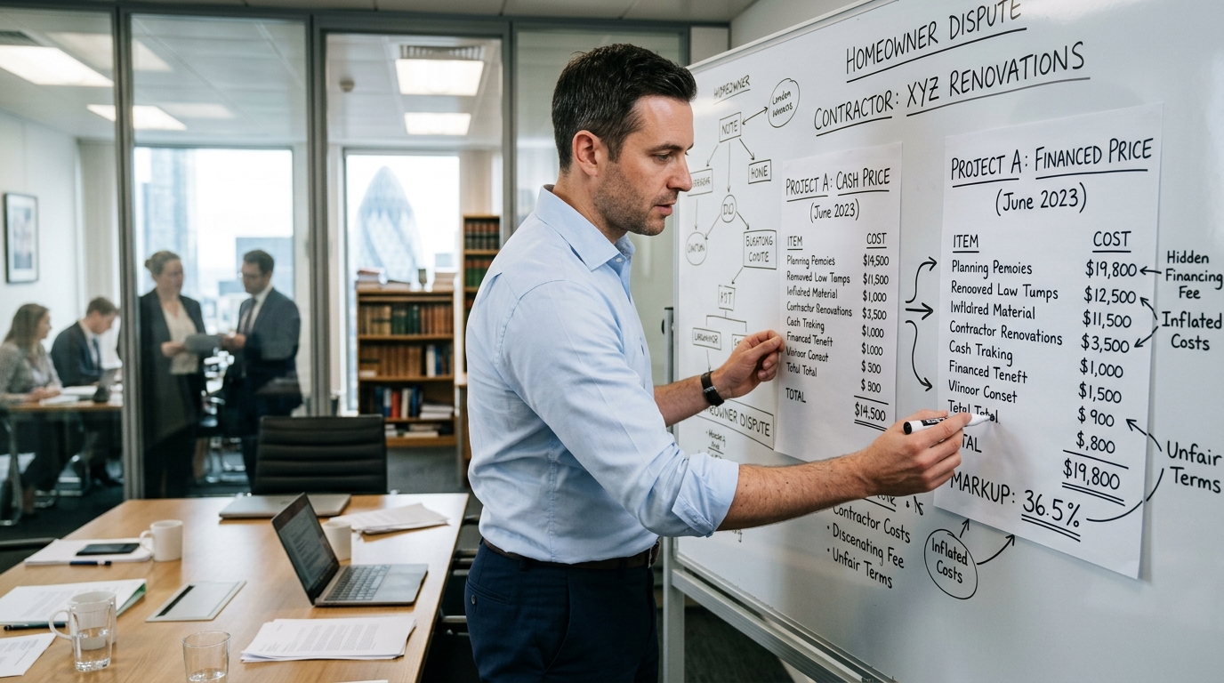 Consumer protection litigator analyzing side-by-side cash versus financed solar price markups on a conference room whiteboard