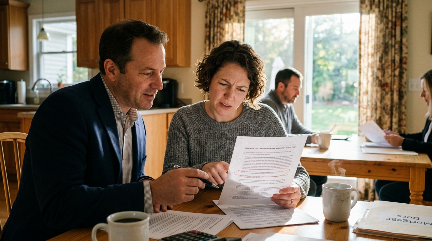 Homebuyer and real estate agent reviewing a 25-year solar power purchase agreement addendum highlighting an annual 2.9 percent escalator clause