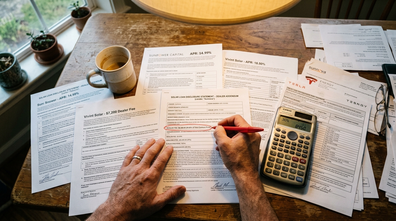 Top-down documentary view of dining table covered with solar loan disclosure contracts and dealer fee audits