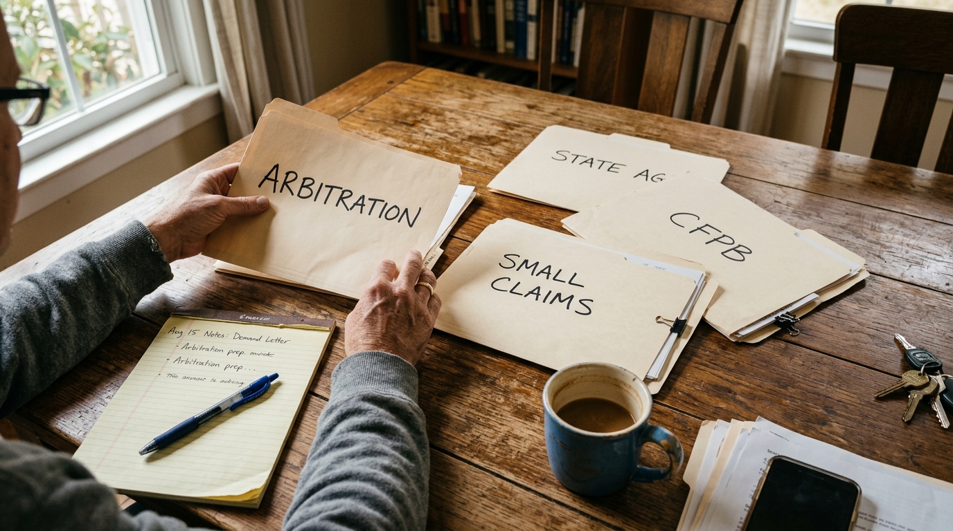 Overhead documentary photo of homeowner organizing evidence folders labeled Arbitration, Small Claims, CFPB, and State AG across a dining table