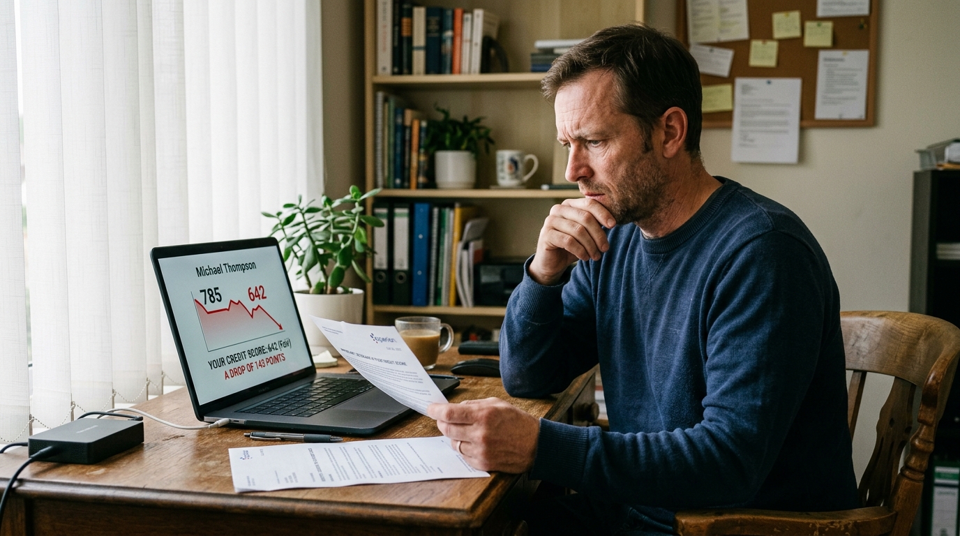 Homeowner examining paper credit bureau dispute notification while reviewing credit score drop on a laptop screen