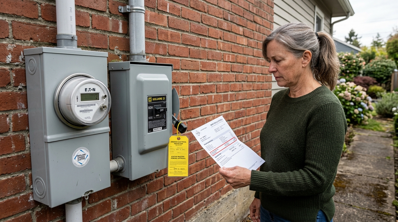 Exterior electric utility meter box and locked solar AC disconnect switch showing zero generation