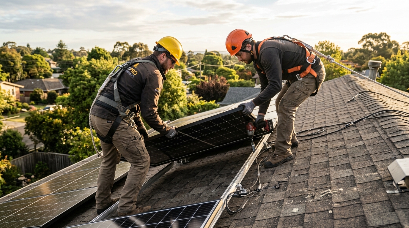 Certified solar technicians wearing safety harnesses unbolting and lifting rooftop solar panel during detach and reset