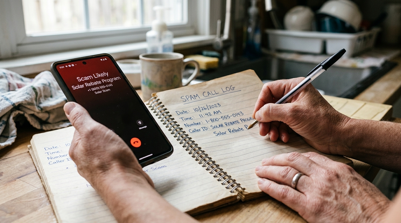 Documentary close-up of hands logging telephone spam calls labeled Solar Rebate Program into a spiral-bound evidence journal
