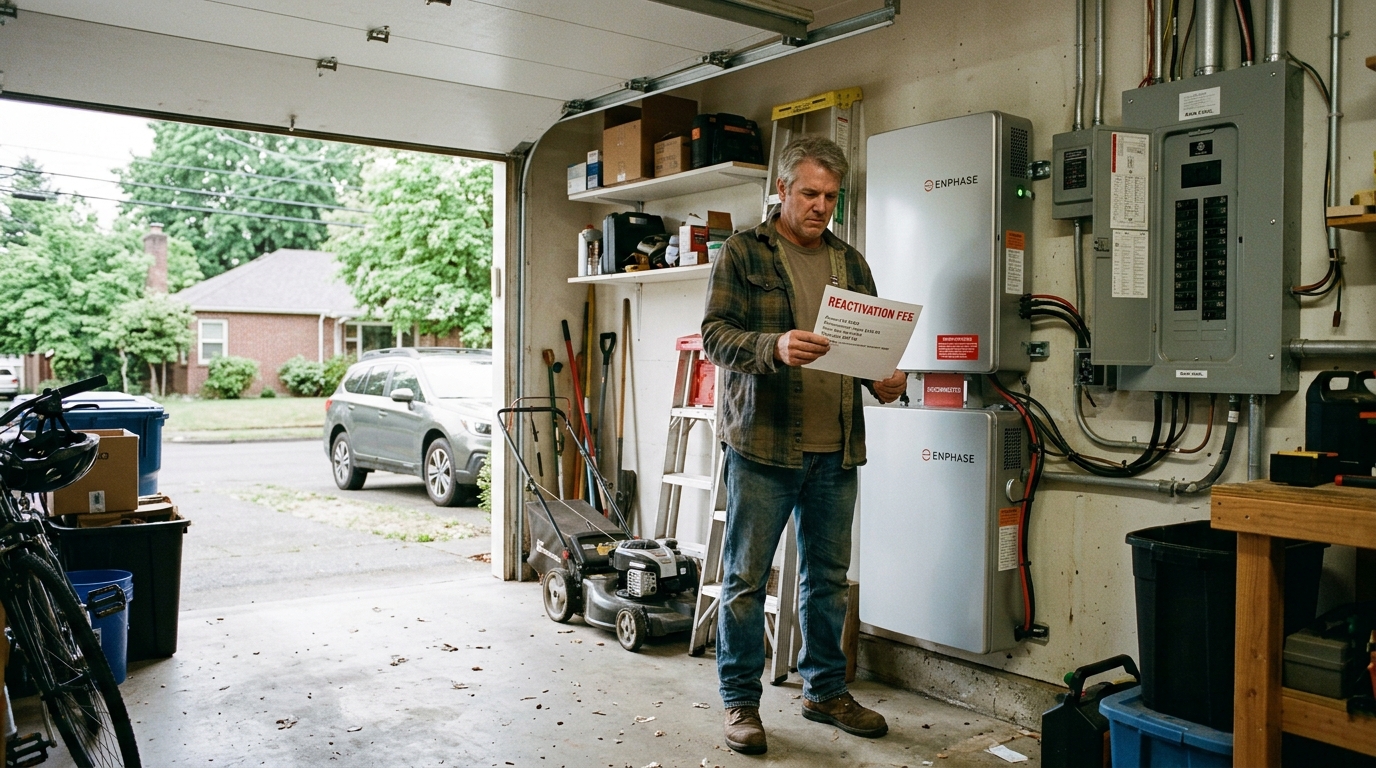 Homeowner in garage looking at reactivation fee bill next to deactivated solar battery storage system