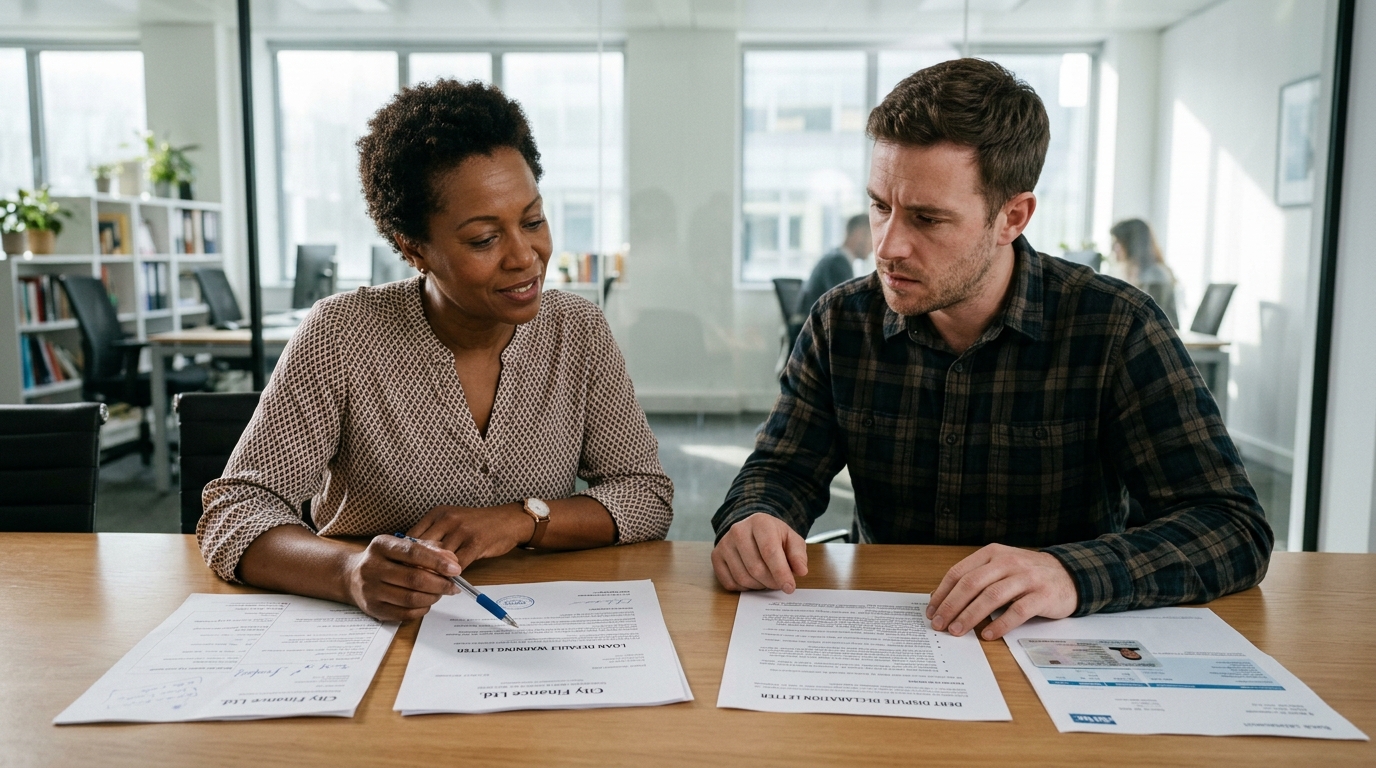 Financial counselor and client reviewing a formal loan default warning letter alongside a consumer debt dispute declaration