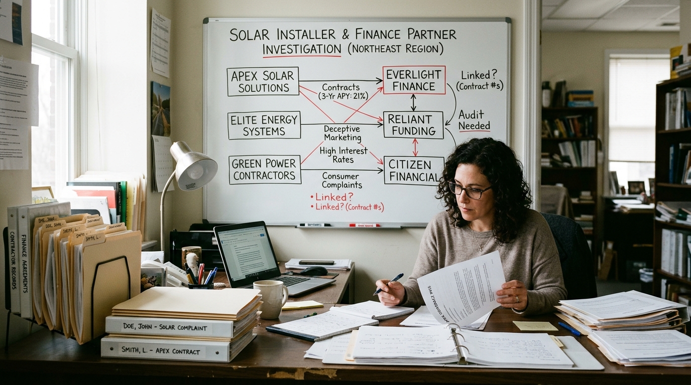 Investigative consumer advocate desk with whiteboard diagram linking solar installer companies to finance partner agreements