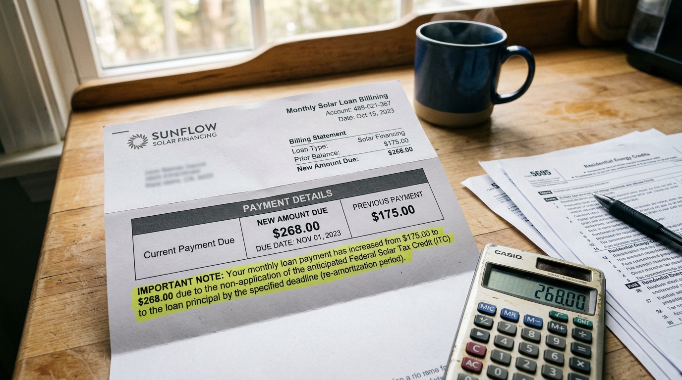 Solar financing billing statement showing monthly payment increase from # Sunlight Financial Payment Jump at Month 19: The Solar Tax Credit Trap75 to $268 with yellow highlighted unapplied tax credit notice