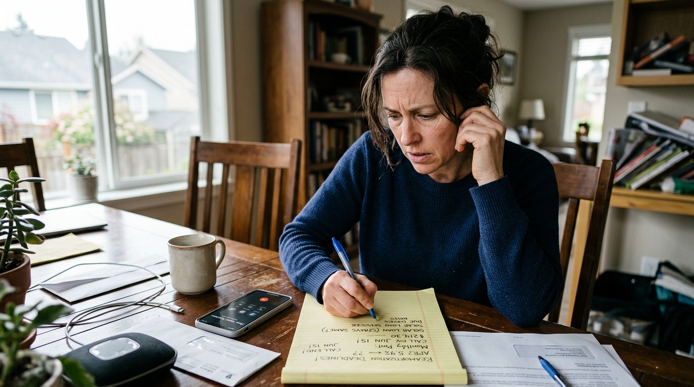 Concerned woman on speakerphone with solar loan servicer writing reamortization deadline notes on a yellow legal pad