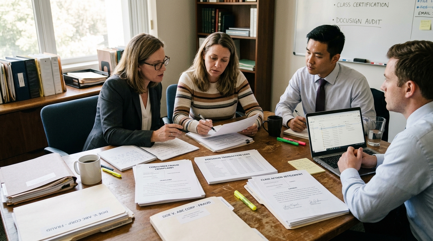 Consumer client and legal advocate team analyzing DocuSign audit logs and consumer fraud complaints across a conference table